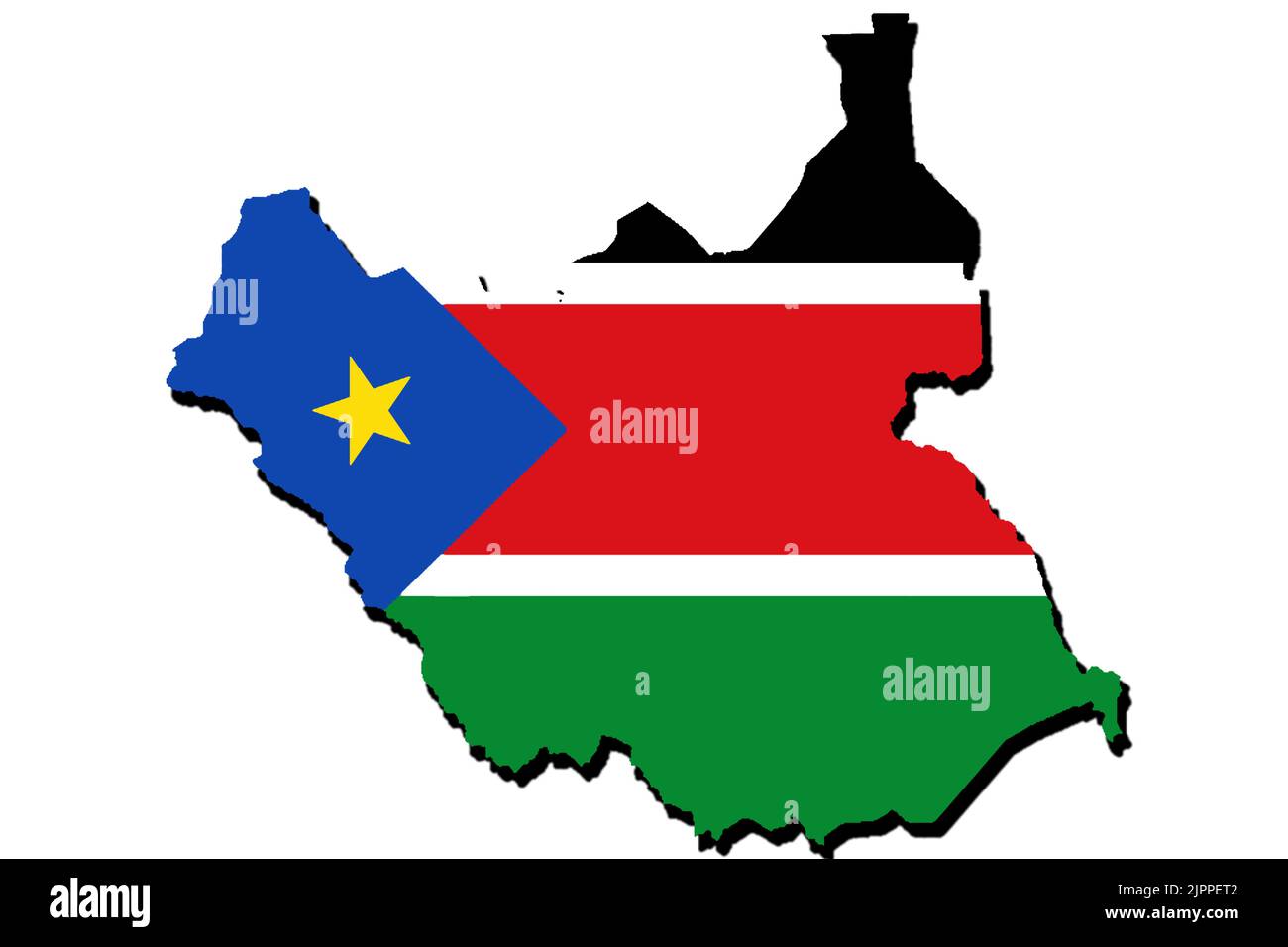 Silhouette della mappa del Sud Sudan con la sua bandiera Foto Stock
