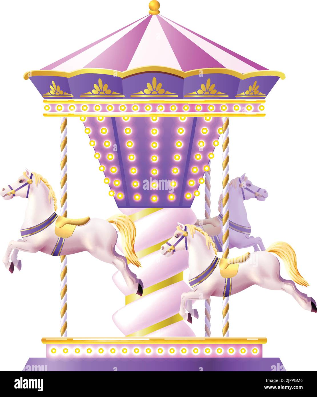 Giostra retrò giostra giostra con cavalli giocattolo bianchi realistici e dorati luci illustrazione vettoriale Illustrazione Vettoriale