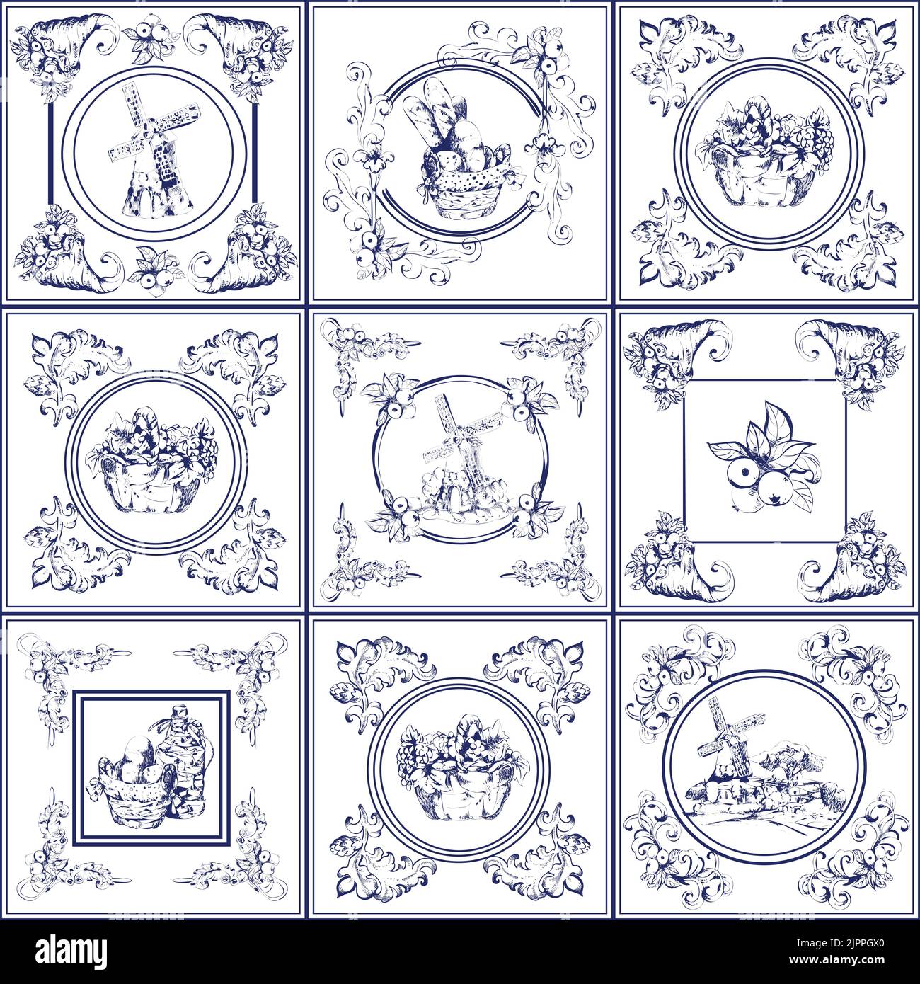 Delft cucina blu e piastrelle camino utilizzato in tutto il world icons collezione astratto isolato vettore illustrazione Illustrazione Vettoriale