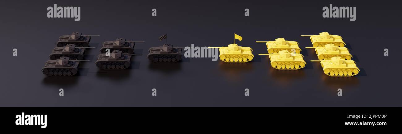Escalation di guerra del concetto di conflitto 3D. I carri armati nero e giallo stanno combattendo 3D rendering 3D illustrazione Foto Stock