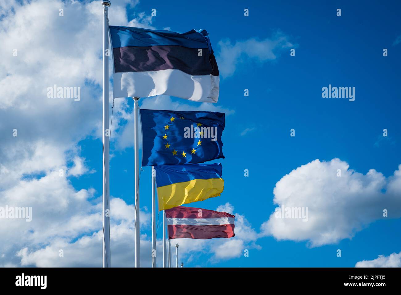 Le bandiere di Estonia, Unione europea, Ucraina e Lettonia sventolano nel vento. Bandiera estone insieme alle bandiere UE, Ucraina e Lettonia. Foto Stock