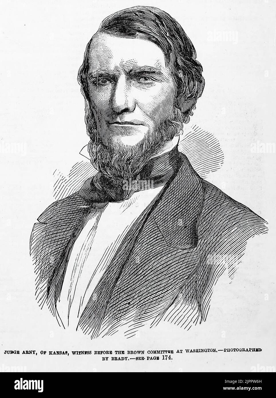 Ritratto del giudice William Frederick Milton Arny, del Kansas, testimone davanti al Comitato marrone a Washington (1860). Illustrazione del 19th° secolo dal quotidiano illustrato di Frank Leslie Foto Stock