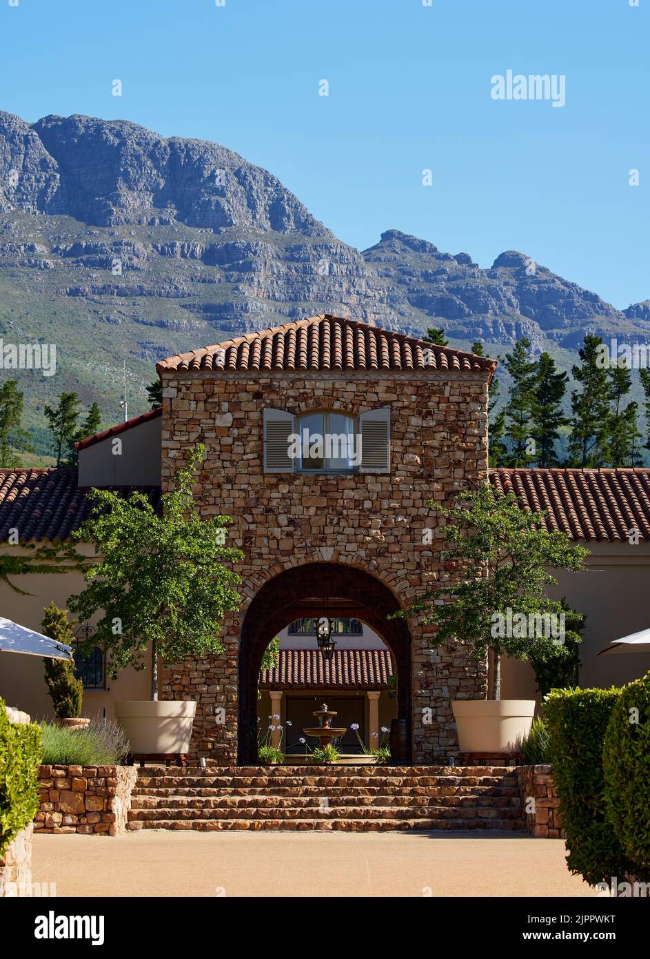 Una vista verticale della tenuta vinicola di Waterford a Helderberg, Sud Africa Foto Stock