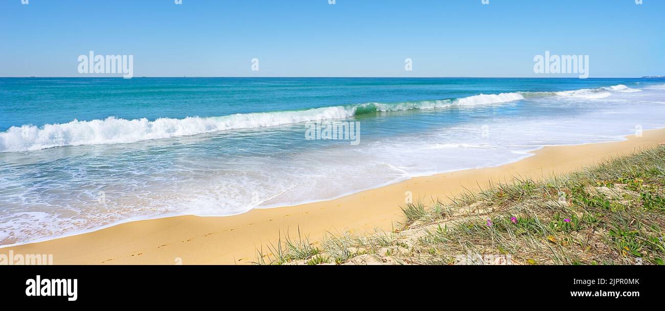 Una vista panoramica delle onde da surf che si infrangono e rotolano sulla spiaggia sabbiosa di Buddina sulla Sunshine Coast nel Queensland. Foto Stock