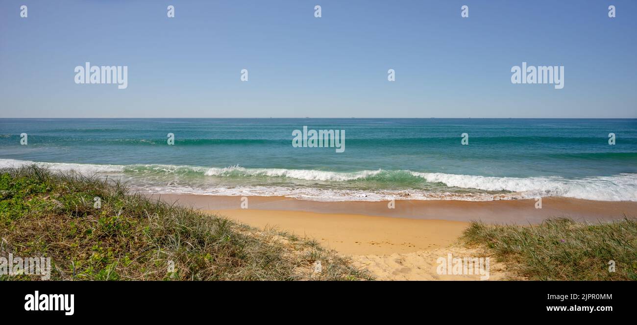 La Buddina si affaccia con vegetazione erbosa su dune di sabbia e onde di surf che si infrangono sulla riva del mare. Una scena tranquilla in una tranquilla giornata invernale nel Sud Est Foto Stock