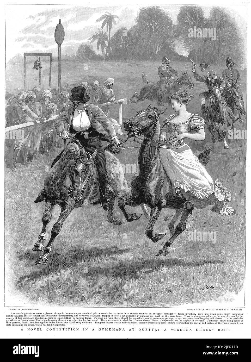 Una coppia partecipa a un concorso a una gymkhana a Quetta, Pakistan, 1896. Fingono di essere una coppia disperata che corre a sposarsi a Gretna Green, ma sono perseguitati da coloro che vogliono fermarli Foto Stock