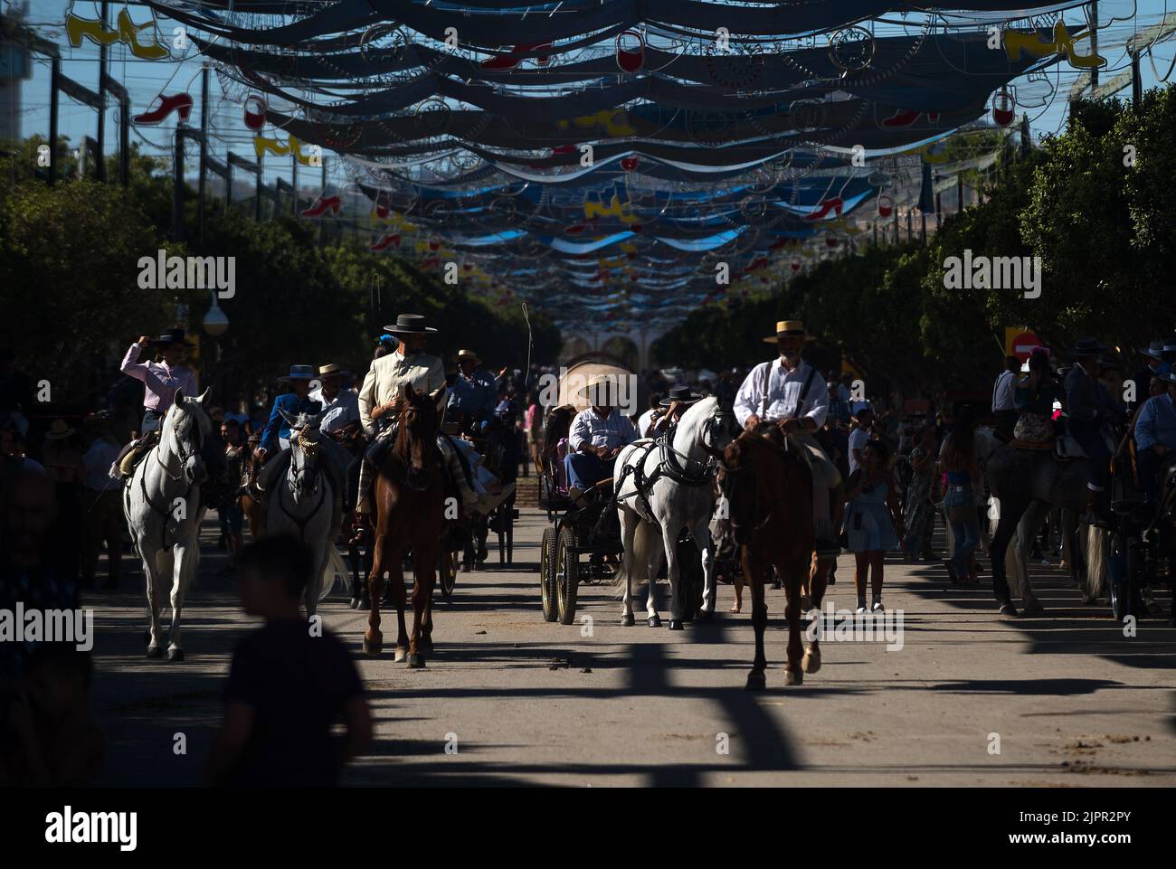 Malaga, Spagna. 19th ago, 2022. Un gruppo di cavalieri è visto a cavallo come partecipano alla fiera di Malaga 2022 alla fiera del recinto 'Cortijo de Torres'. Dopo due anni di cancellazione a causa della pandemia di coronavirus, migliaia di persone si riuniscono nelle strade principali della città per partecipare alla Fiera di Malaga in un'atmosfera festosa. Tra una settimana, migliaia di turisti e abitanti del luogo potranno assistere a concerti, balli di flamenco per le strade e altre attività come la fiera della corrida o gli spettacoli di cavalli. (Foto di Jesus Merida/SOPA Images/Sipa USA) Credit: Sipa USA/Alamy Live News Foto Stock