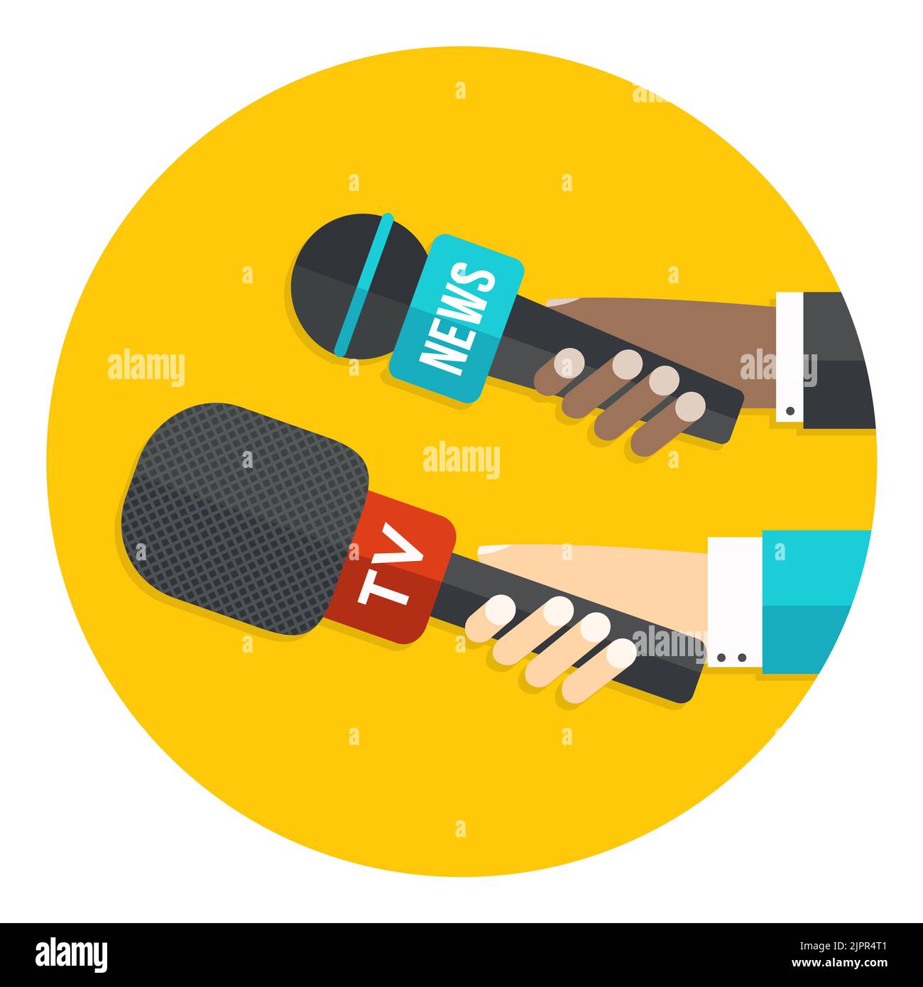 Paparazzi icona. Mani che tengono i microfoni. Stampa intervista. Notizie dal vivo. Giornalisti di massa con microfoni. Illustrazione piatta in cerchio Illustrazione Vettoriale