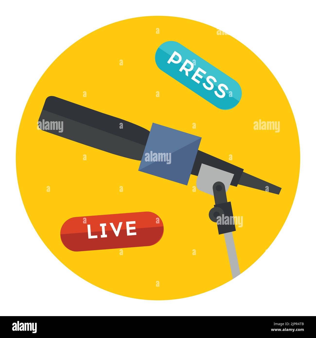 Informazioni sull'icona della stampa dal vivo. Illustrazione di un'intervista di mass media. Microfono con segnali live e press. Icona a forma di vettore piatto in cerchio isolata su bianco Illustrazione Vettoriale