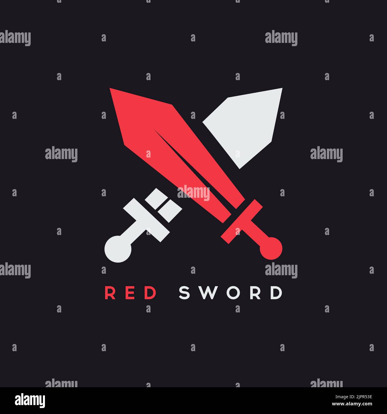 Modello con logo Red Sword. Logo di spade incrociate. Simbolo grafico per l'identità aziendale. Logotipo creativo astratto della giustizia della guardia. Vettore Illustrazione Vettoriale