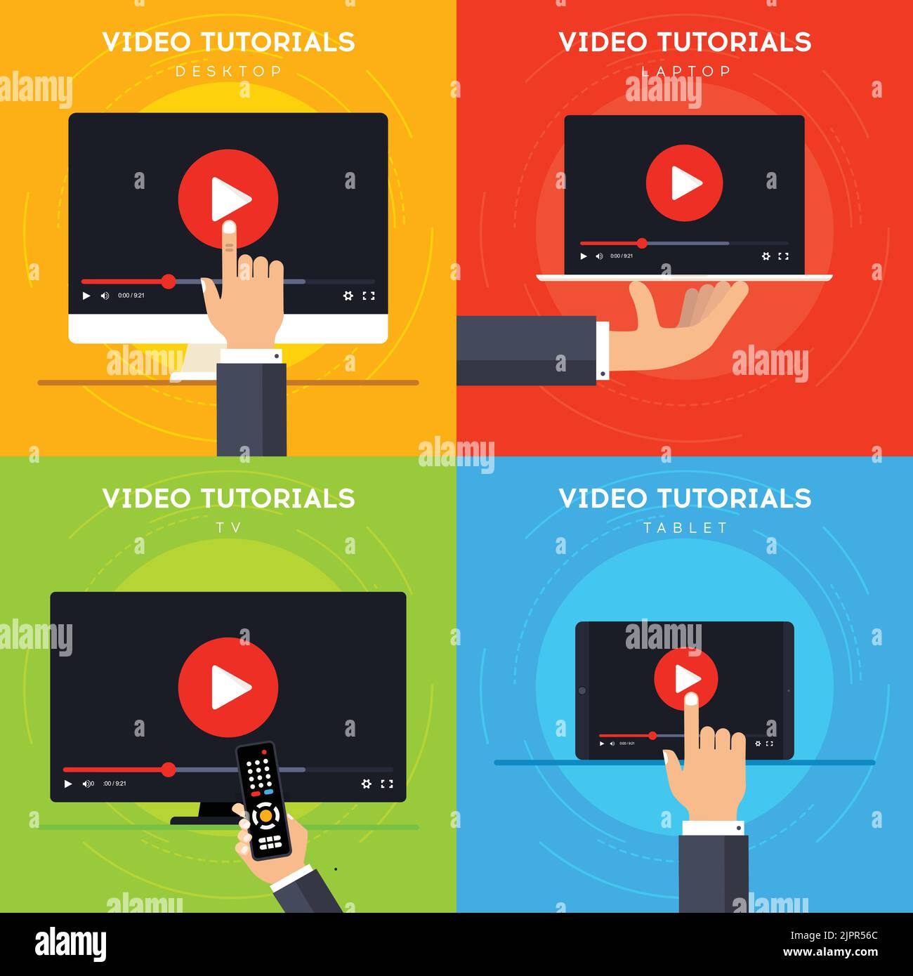 Concetti dei tutorial video. Formazione online su PC desktop, notebook, TV e tablet. Apprendimento digitale in stile cartoon. Conferenza e webinar su Internet Illustrazione Vettoriale