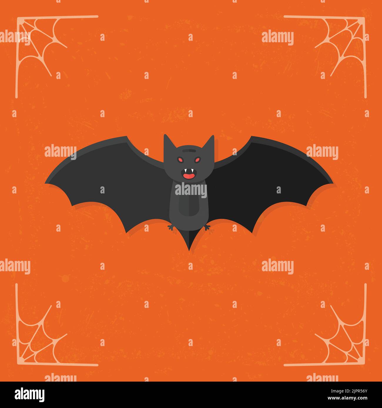 Icona BAT. Fumetto horror nero pipistrello volante. Pipistrello volante con ali sparse. Illustrazione di Halloween isolata su sfondo arancione stilizzato. Vettore Illustrazione Vettoriale