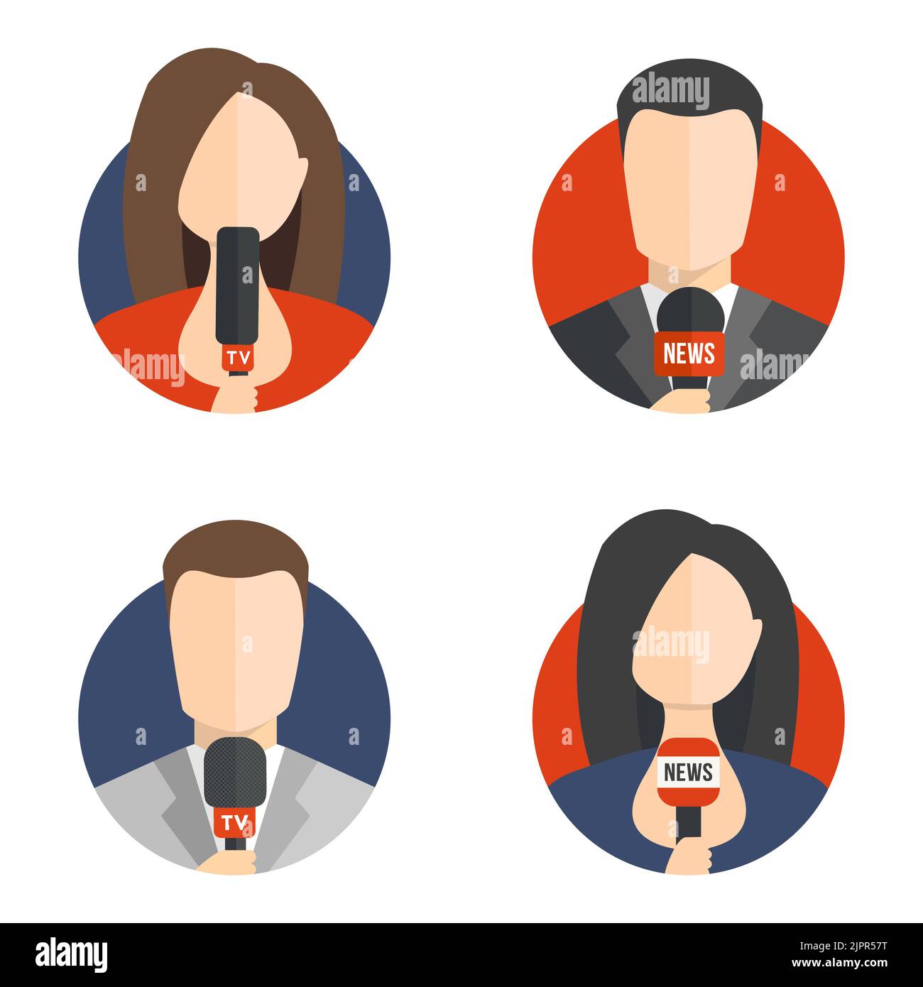 Icone avatar per newsreader maschili e femminili. Live news, tv anchorman e anchorwoman avatar icone in stile piatto. Elementi vettoriali Illustrazione Vettoriale