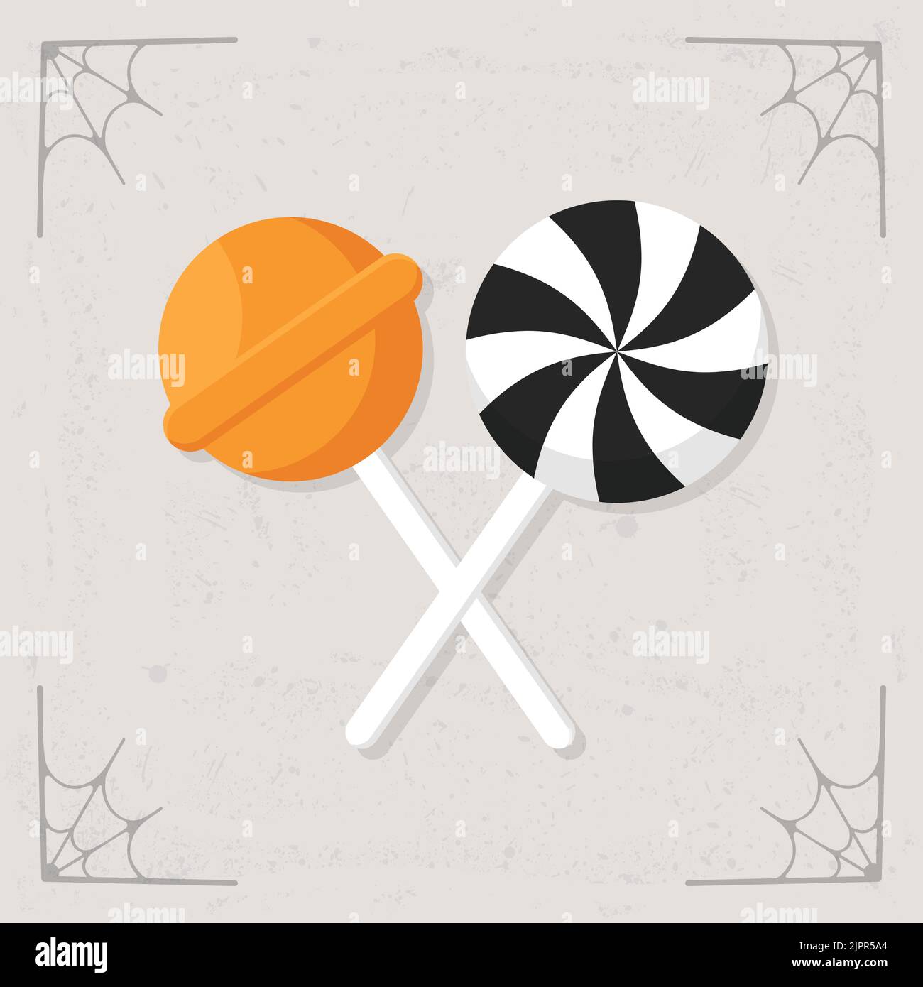 Icona della caramella di Halloween. Caramello allo zucchero a lollipop dolce e speziato sul bastone. Illustrazione di Halloween isolata su sfondo grigio stilizzato. Illustrazione vettoriale Illustrazione Vettoriale