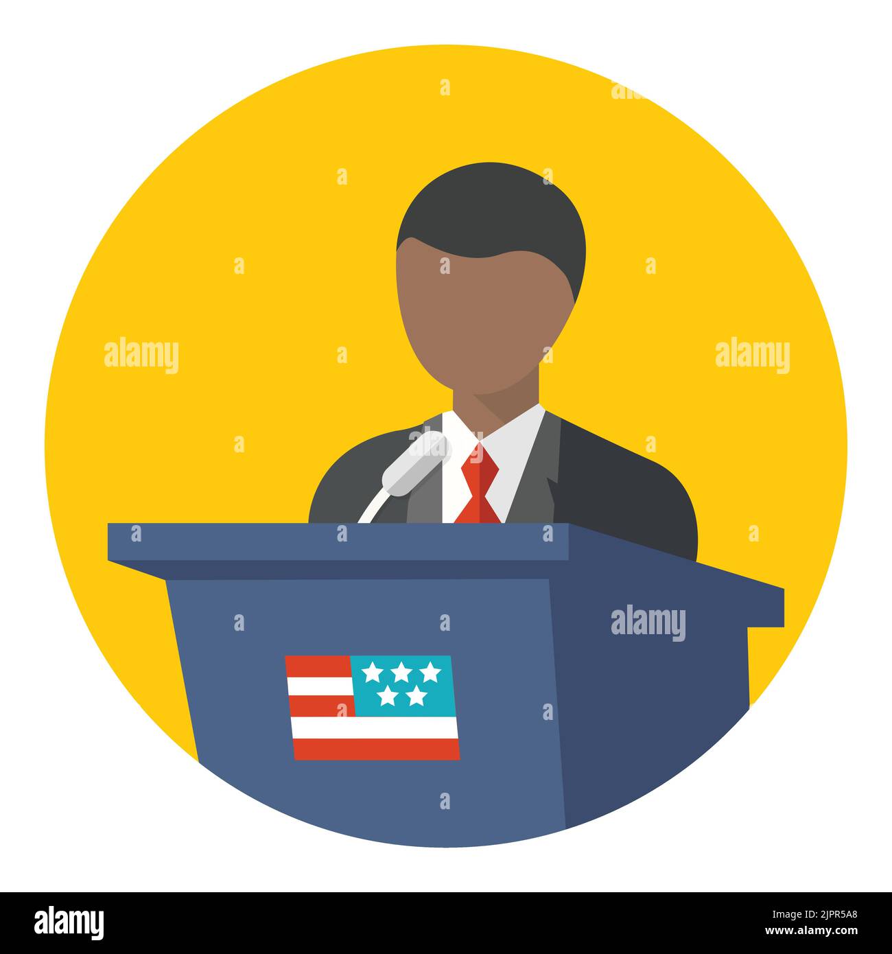 Premere l'icona Conferenza. Uomo dalla pelle scura in piedi alla piattaforma per l'intervista. Relatore sulla tribuna per il discorso con la bandiera degli Stati Uniti. Icona piatta in cerchio Illustrazione Vettoriale