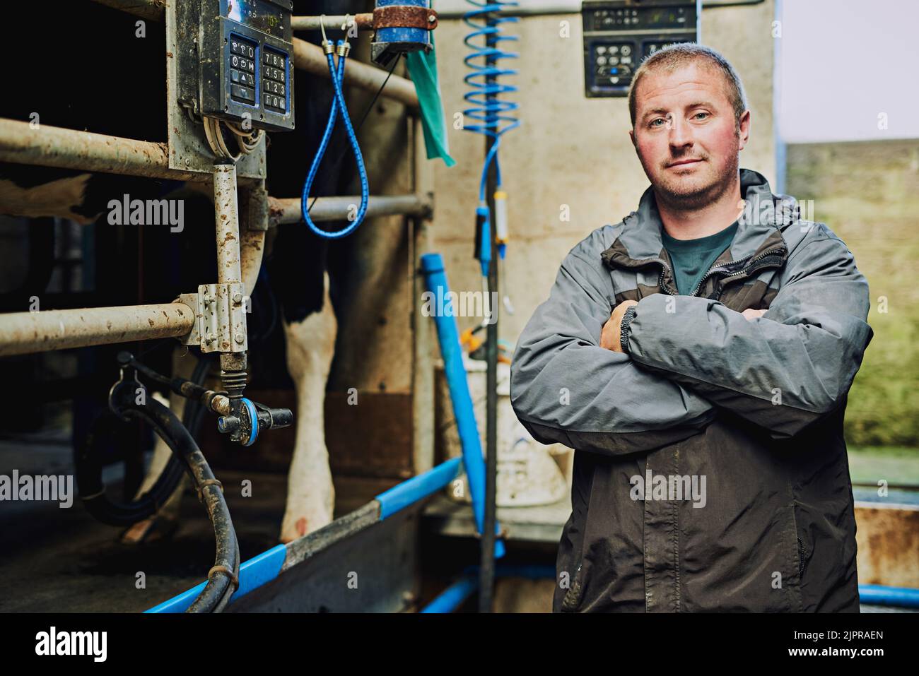 Mi interessa il mio bestiame. Ritratto corto di un agricoltore maschio in piedi con le braccia ripiegate nella sua fabbrica di latte. Foto Stock