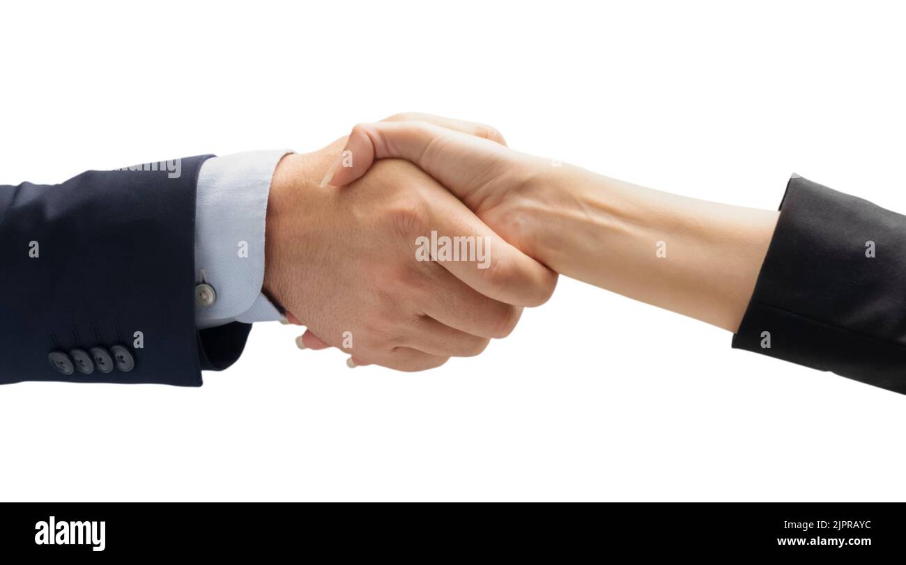 Primo piano di uomini d'affari stretta di mano in ufficio dopo la riunione - uomo d'affari di successo e donna d'affari stretta di mano dopo un buon affare - isolato Foto Stock
