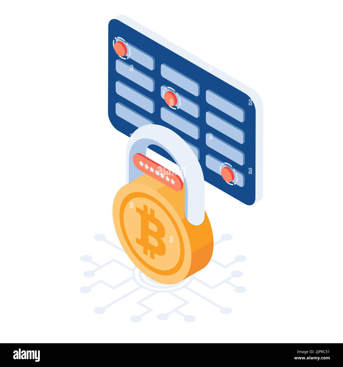 Serratura Bitcoin piatta 3D isometrica con frase Mnemonica Password. Bitcoin e Cryptocurrency Security. Illustrazione Vettoriale