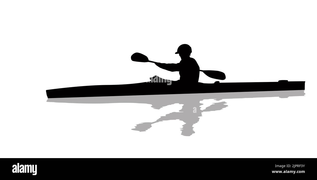 Athlere canottaggio in un kayak, vettore silhouette contro white Foto Stock