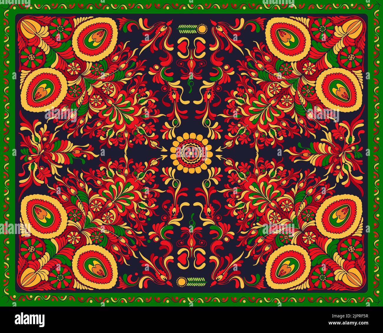 Composizione rettangolare floreale vettoriale per tappeti, asciugamani, tappeti, tessuti, tessuti, Copertina ispirata al tradizionale folclore ungherese Foto Stock