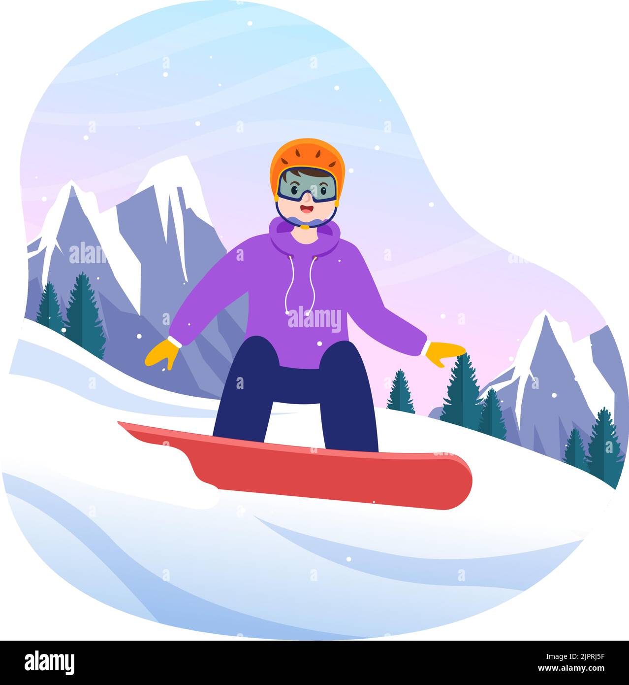 Snowboard piano Cartoon disegnato a mano Illustrazione di persone in vestito invernale scivolando e saltando con Snowboard a Snowy Mountain lati o piste Illustrazione Vettoriale