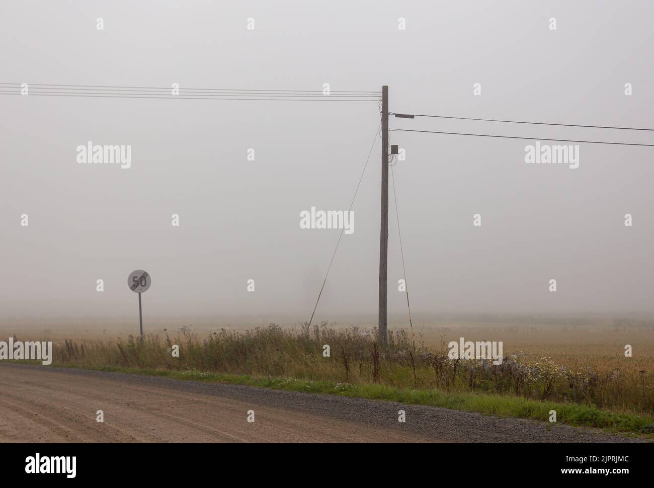 Una mattinata nebbiosa nella campagna finlandese. Un vecchio polo telefonico con un cavo aereo. Strada tranquilla villaggio, segnale limite di velocità. Foto Stock