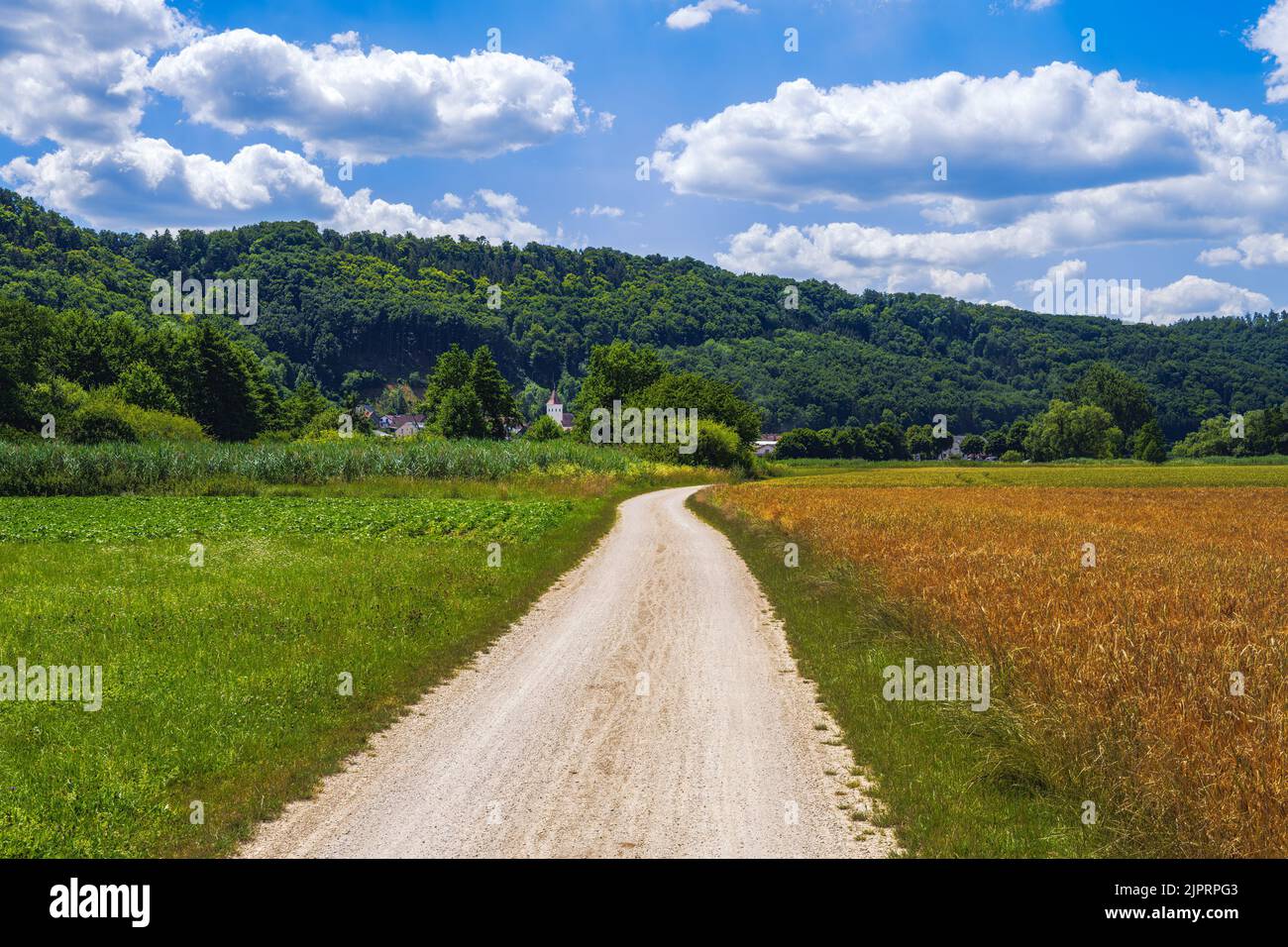 Strada di campagna attraverso la valle dell'Altmuehltal (Baviera, Germania) Foto Stock