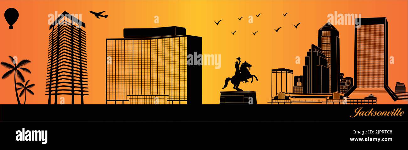 Profilo dello skyline di Jacksonville - illustrazione, città su sfondo arancione Illustrazione Vettoriale