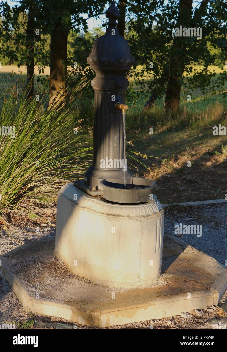 Sprecato acqua corrente da una fontana di acqua potabile bloccato aperto Lantadilla Palencia Castiglia e Leon Spagna Foto Stock