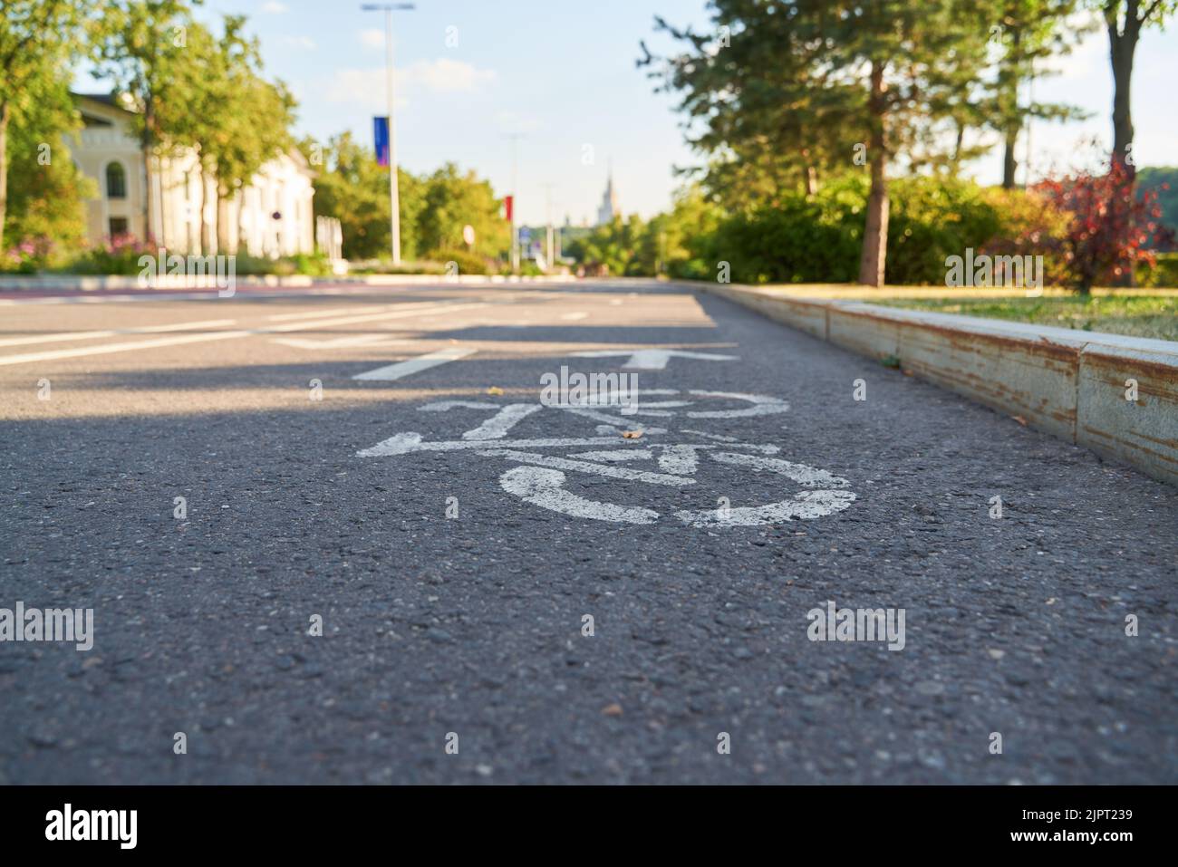 Pista ciclabile nel parco. Cartello stradale in bicicletta dipinto sul pavimento. Concetto di stile di vita sportivo. Foto Stock