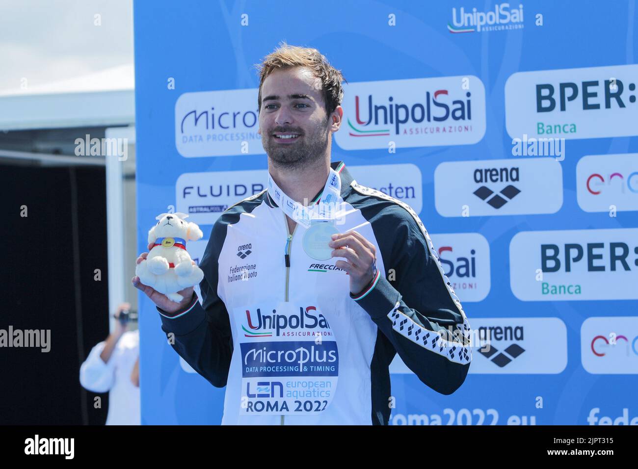 Roma, Italia. 20th ago, 2022. Medaglia d'argento Domenico Acerenza (ITA) in occasione dei Campionati europei di Acquatica - Open Water (day1), nuoto a Roma, Italia, Agosto 20 2022 Credit: Agenzia indipendente per le foto/Alamy Live News Foto Stock