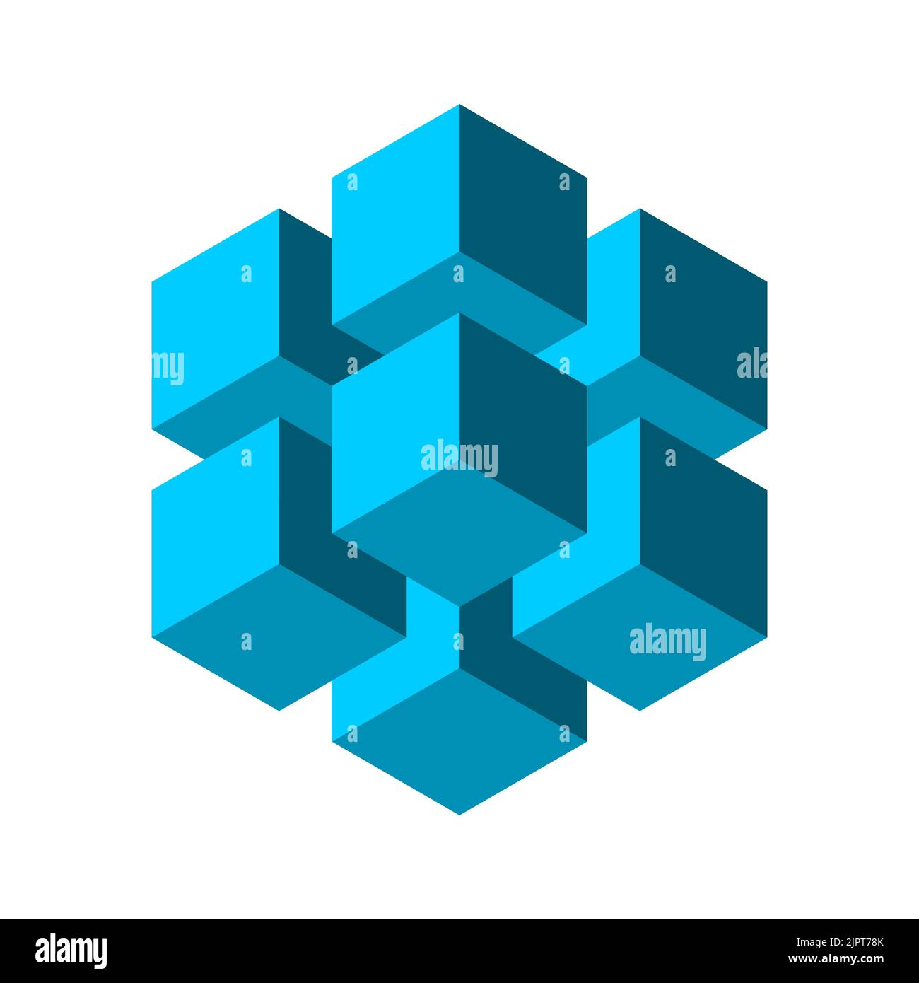 Cubetti blu che galleggiano nell'aria. Tecnologia a catena a blocchi. Concetto di storage dei dati cloud. Grande piazza composta da 8 scatoline. Esagono geometrico. Vettore Illustrazione Vettoriale