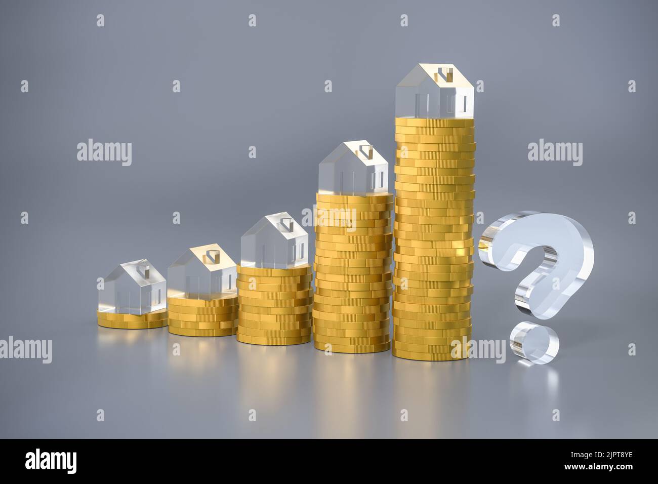 Pile di monete in euro sormontate da case in vetro acrilico. Un punto interrogativo a destra. Concetto: La bolla immobiliare scoppierà? Foto Stock