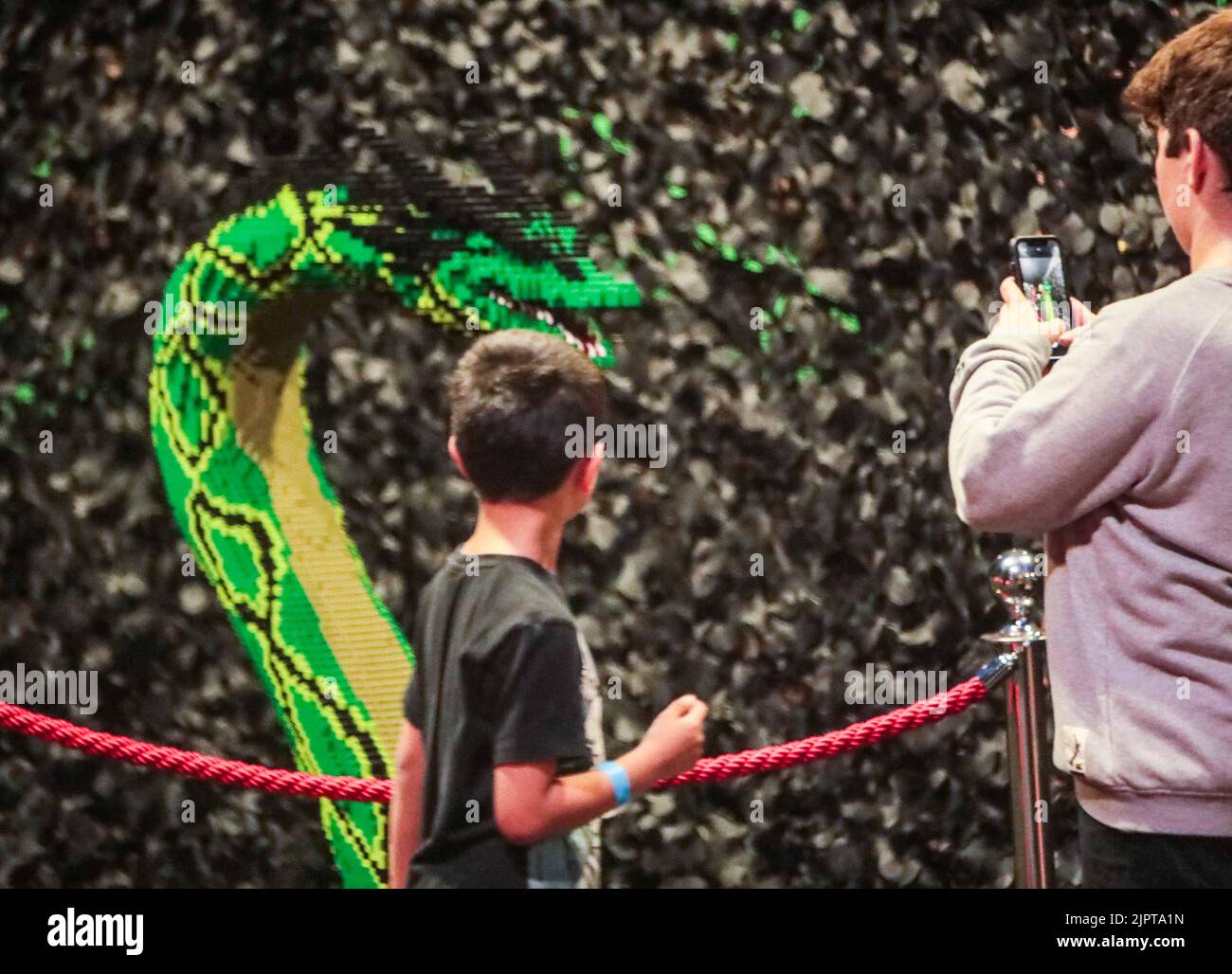 Londra 20 agosto 2022 una giornata interattiva divertente ed educativa per tutta la famiglia. BRICKLIVE in the Park un mondo di sculture giganti, attraverso una terra di bestie mitiche, costruisci le tue creazioni in più zone a tema, metti alla prova le tue abilità di Ninja sul campo d'assalto e perfeziona la tua abilità con le lezioni di Master Builder. Paul Quezada-Neiman/Alamy Live News Foto Stock