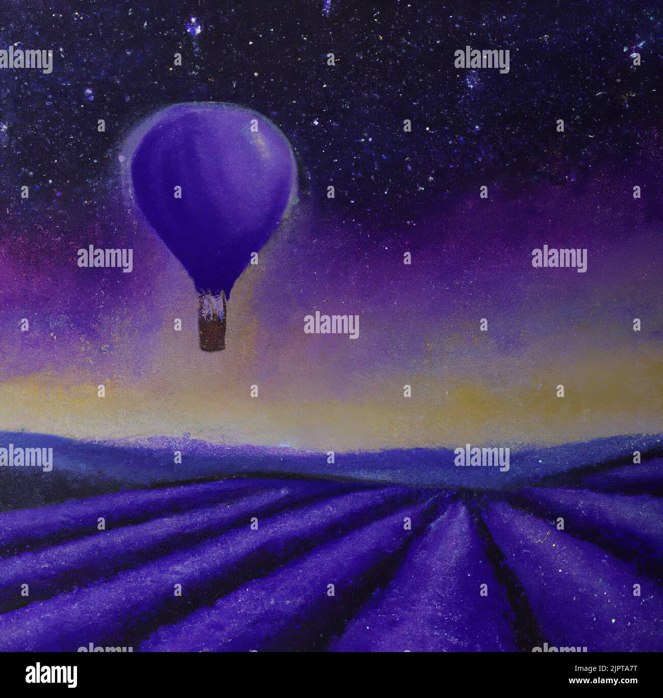 Pastello disegno stellato paesaggio notturno, campo di lavanda, stelle e cielo galassico, aerostato che vola nel cielo. Stampa d'arte da parete per poster, biglietti, tele Foto Stock