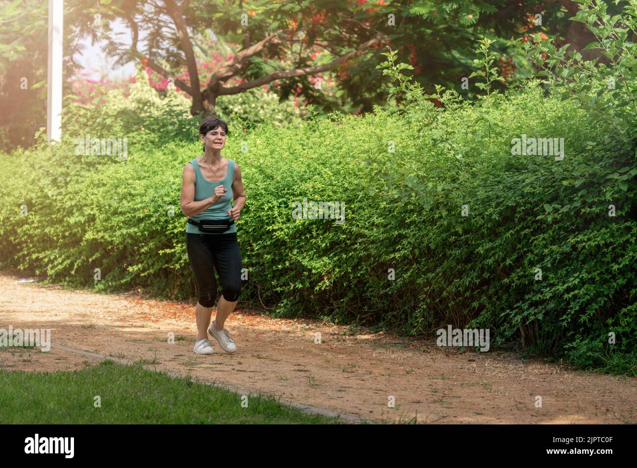 Donna di mezza età che corre nel parco in estate mattina Foto Stock