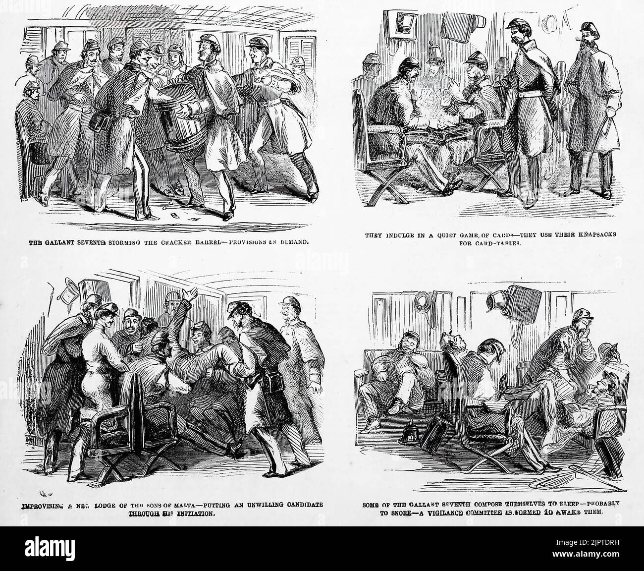 Inaugurazione della statua di Clark Mills di Washington nella città di Washington, D. C., 22nd febbraio 1860 - il settimo reggimento invitato a partecipare alla celebrazione - incidenti di viaggio a bordo delle auto. Illustrazione del 19th° secolo dal quotidiano illustrato di Frank Leslie Foto Stock