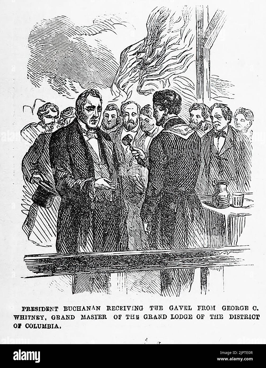 Inaugurazione della statua di Clark Mills di George Washington - il presidente James Buchanan riceve il gavel da George C. Whitney, Gran Maestro della Gran Loggia Massonica del Distretto di Columbia. Febbraio 22nd, 1860. Illustrazione del 19th° secolo dal quotidiano illustrato di Frank Leslie Foto Stock