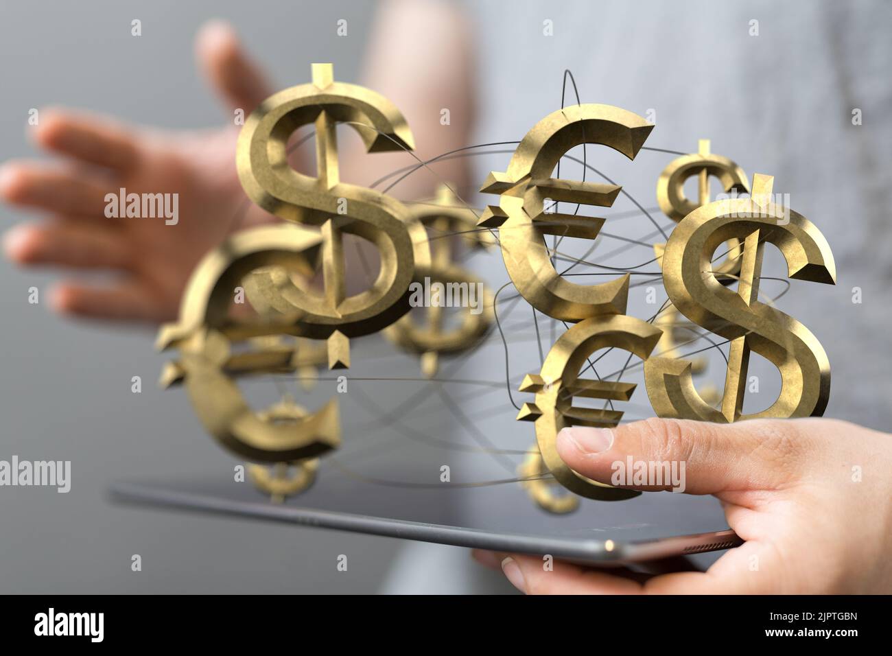 Un rendering 3D di un euro e di un dollaro segni su uno sfondo sfocato Foto Stock