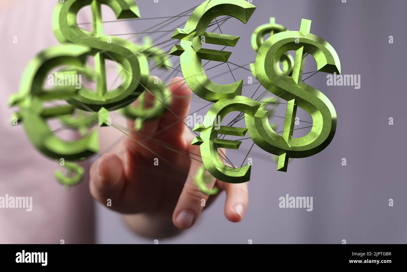 Un rendering 3D di un euro e di un dollaro segni su uno sfondo sfocato Foto Stock