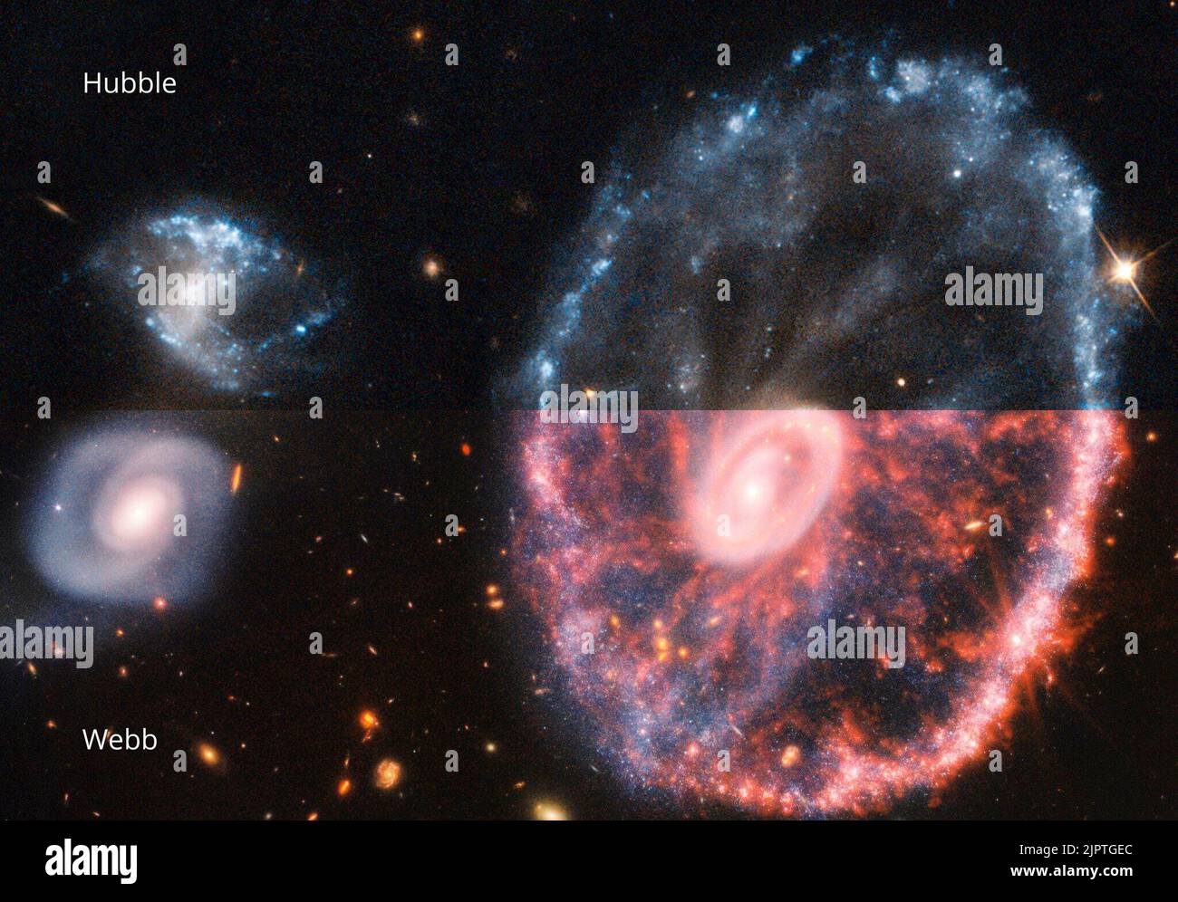 La Galassia Cartwheel è magnifica da vedere. La metà superiore di questa immagine mostra la galassia vista dal telescopio spaziale Hubble della NASA in luce visibile, mentre la metà inferiore di questa immagine mostra la vista infrarossa del telescopio spaziale James Webb. Hubble e Webb continueranno a lavorare in cooperazione per fornire viste complementari dell'universo. Insieme, le viste divise mostrano una grande galassia a destra e due galassie a spirale molto più piccole a sinistra, una sopra l'altra. La metà superiore dell'immagine è etichettata come vista Hubbles e presenta la metà superiore della grande galassia e una delle piccole galassie Foto Stock