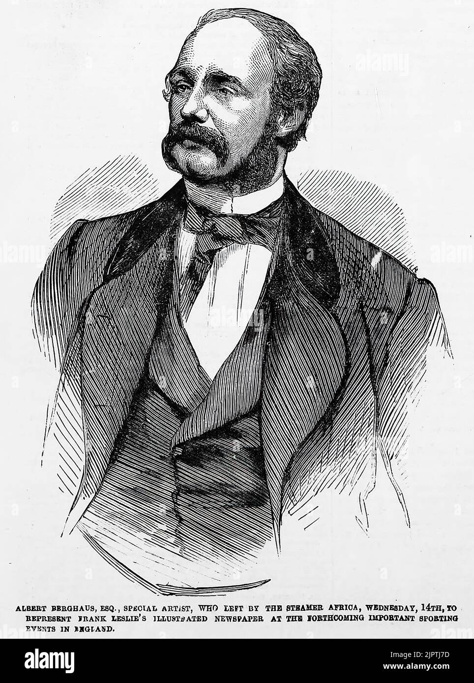 Ritratto di Albert Berghaus, artista speciale, che lasciò il vaporetto Africa, il 14th marzo 1860, per rappresentare il quotidiano illustrato di Frank Leslie in occasione dei prossimi importanti eventi sportivi in Inghilterra. Per coprire il Gran Concorso tra John C. Heenan e Tom Sayers per la cintura del campione d'Inghilterra. Illustrazione del 19th° secolo dal quotidiano illustrato di Frank Leslie Foto Stock