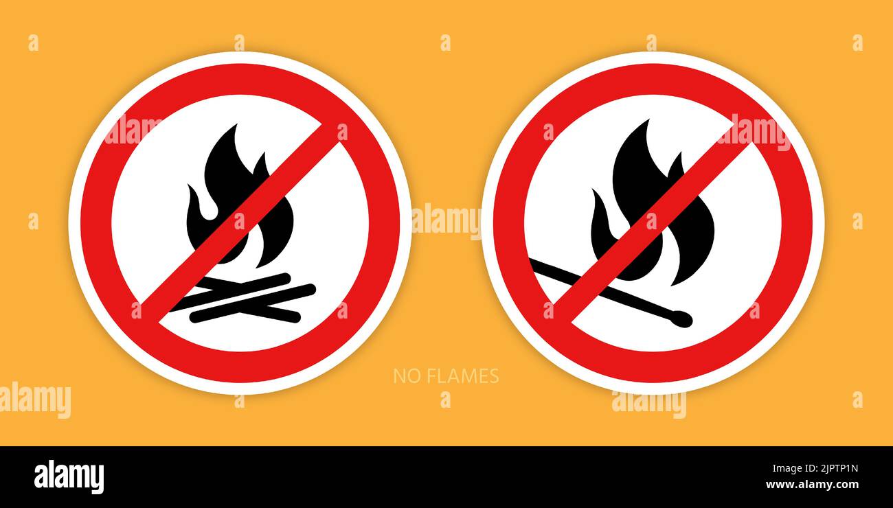 Nessun segno di fiamme. Due segnali di divieto con un fiammifero in fiamme e simboli di fuoco campanili sono isolati su uno sfondo arancione. Illustrazione vettoriale. Illustrazione Vettoriale