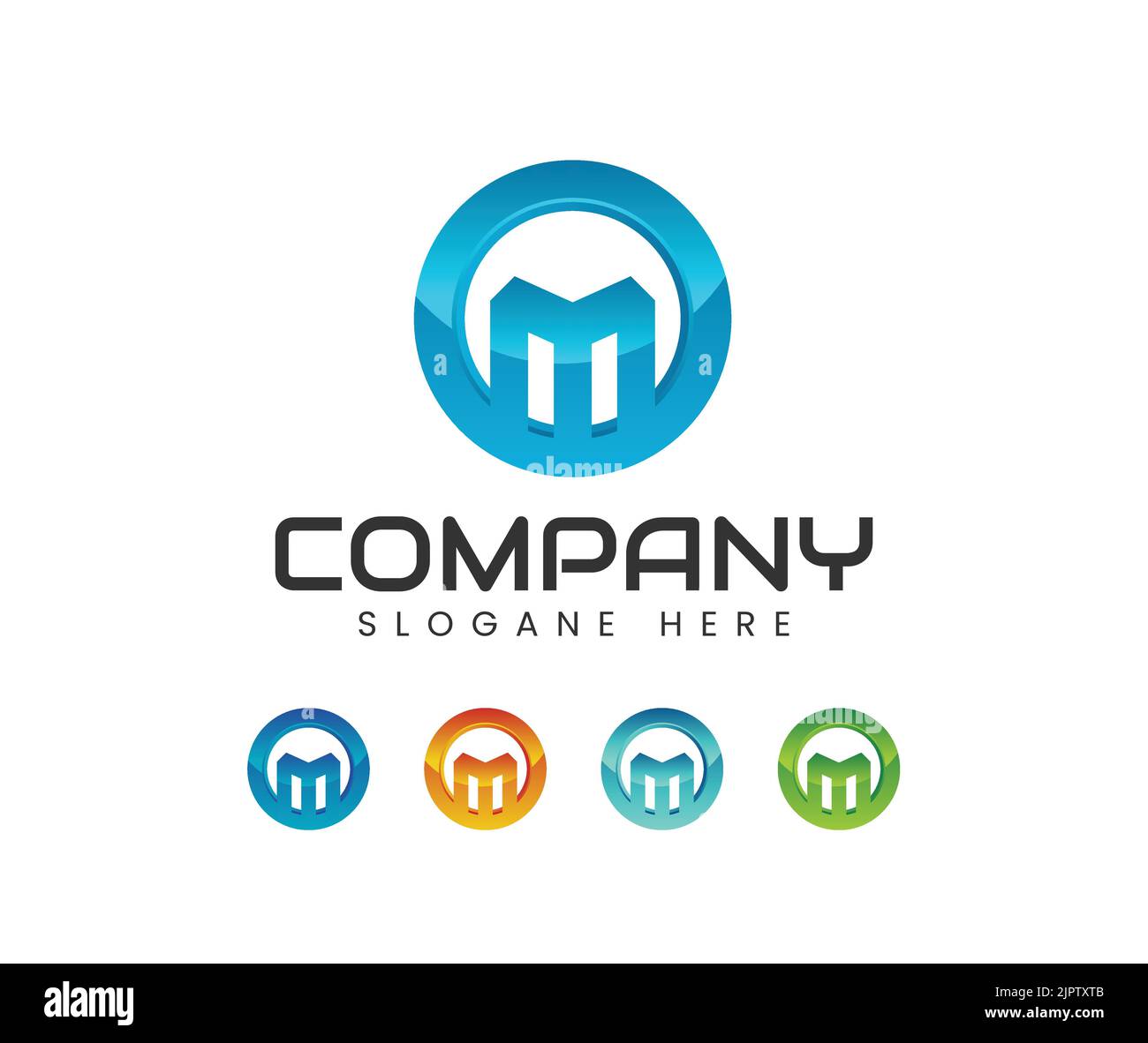Design moderno con logo da 3D m. Lettera iniziale modello logo M colorato cerchio blu disegno 3D per l'identità aziendale e aziendale Illustrazione Vettoriale