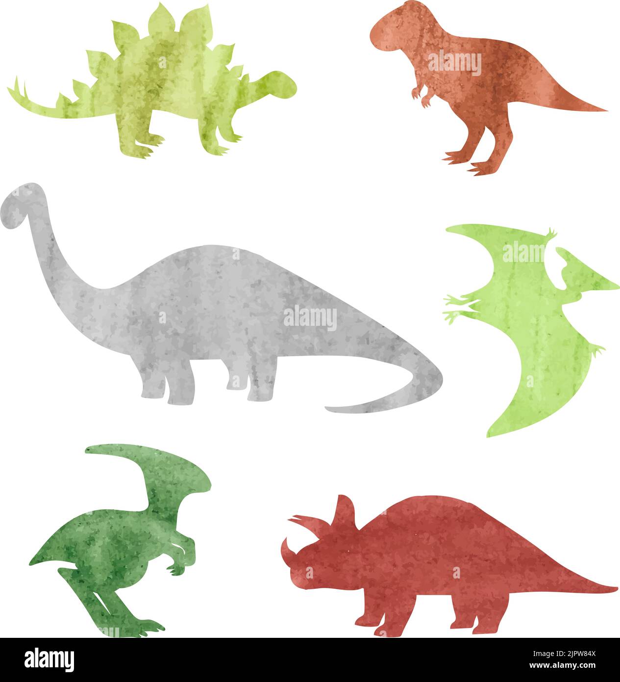 Silhouette di dinosauri acquerelli. Set di dinosauri isolati su sfondo bianco Illustrazione Vettoriale