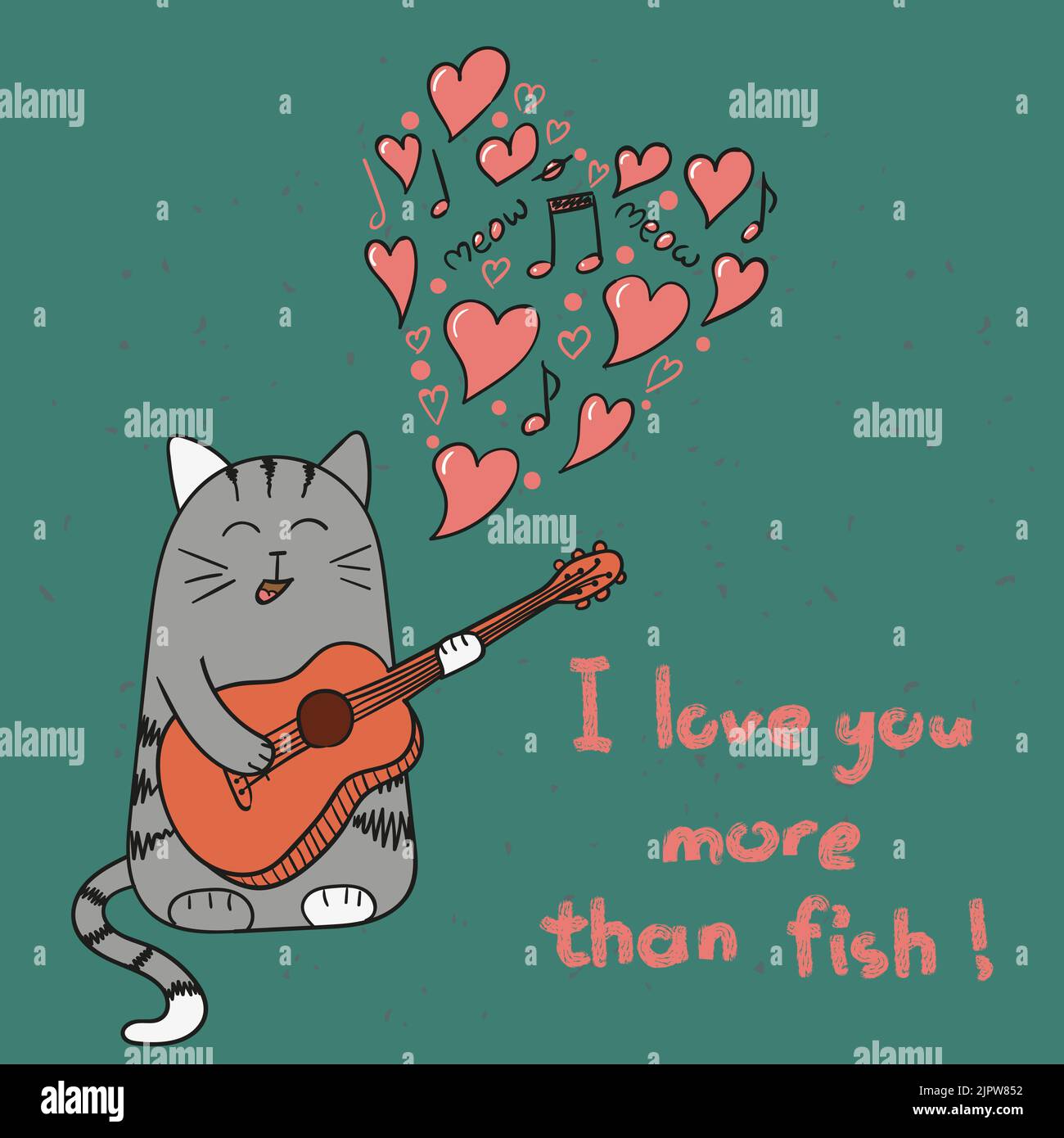 Carino gatto innamorato. Cartone animato che canta gatto con chitarra. Sfondo romantico. Illustrazione vettoriale. Ti amo più che la scrittura di pesce. Tessera di San Valentino Illustrazione Vettoriale