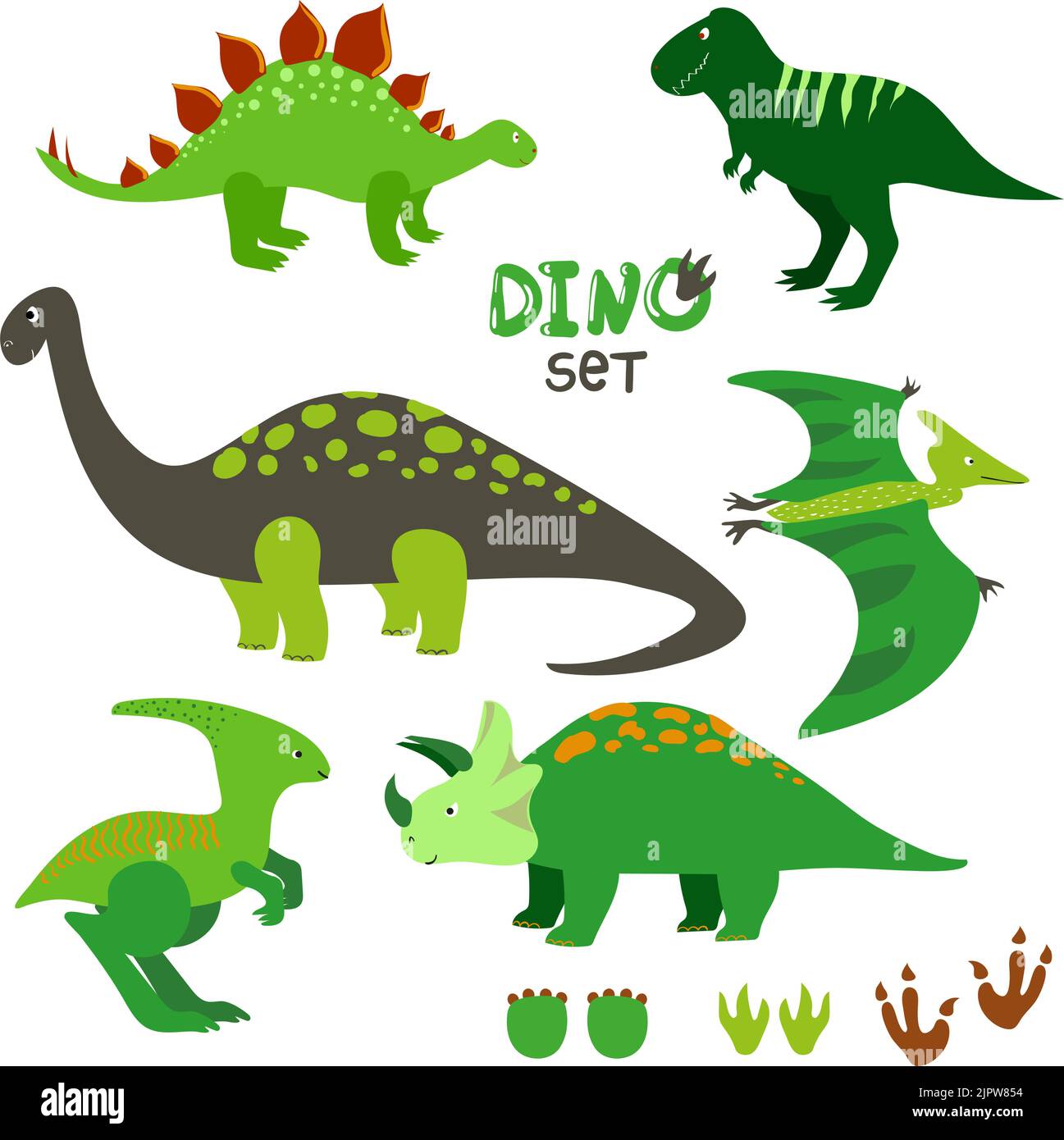 Carino dinosauri set. Collezione di dinosauri cartoni animati e stampe. Illustrazione vettoriale Illustrazione Vettoriale