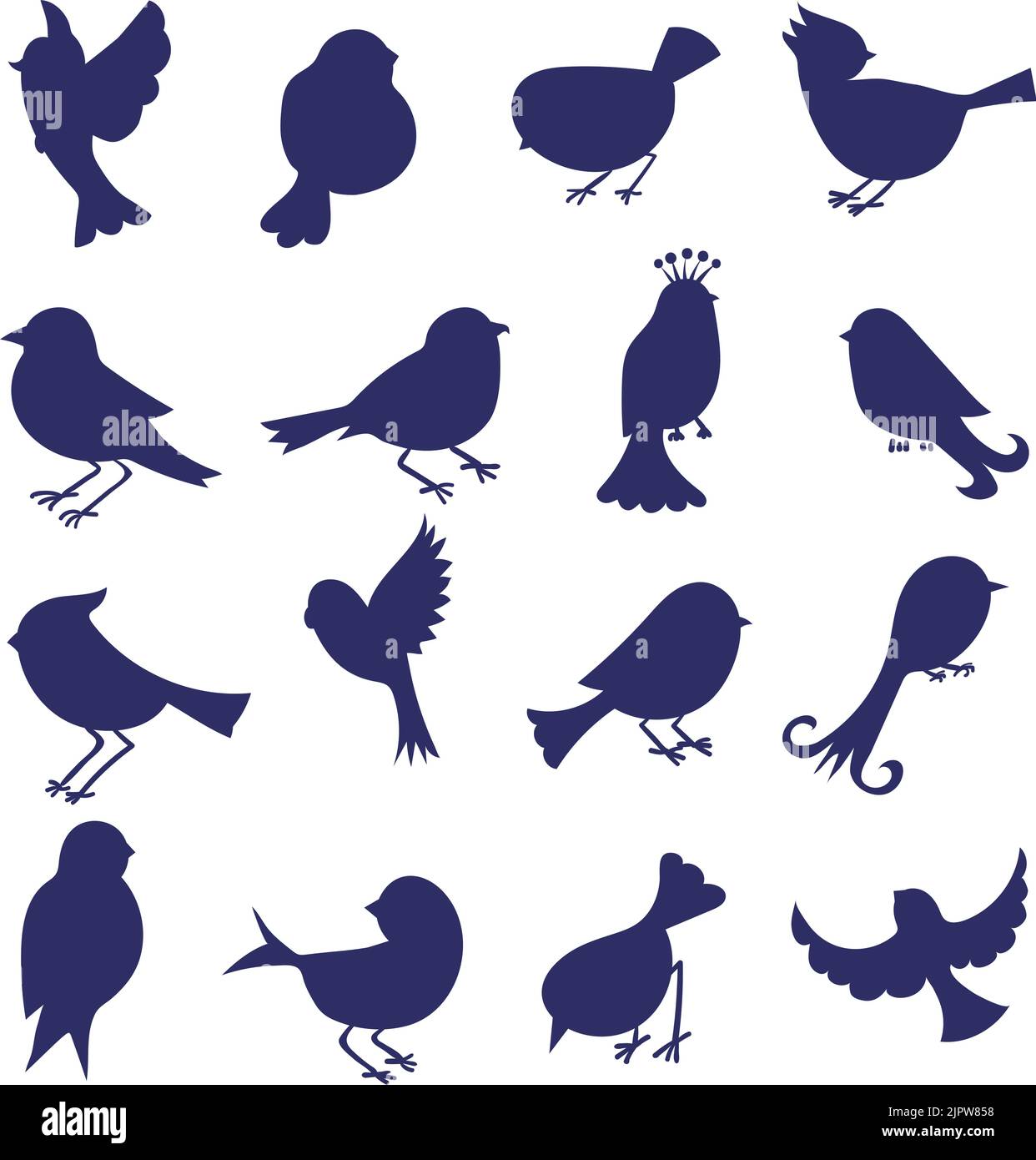 Silhouette di uccelli isolate sul bianco. Set di uccelli cartoni animati disegnati a mano. Icone vettoriali Illustrazione Vettoriale