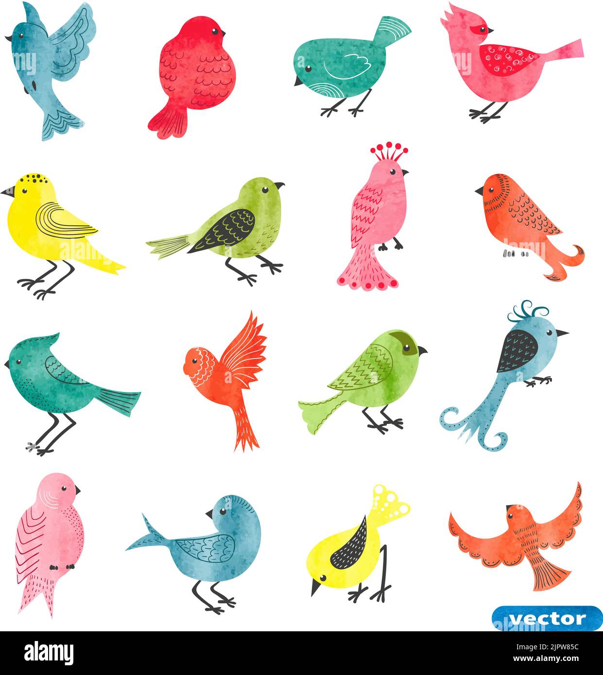 Acquerello uccelli set. Collezione di simpatici uccelli cartoni animati. Illustrazione vettoriale Illustrazione Vettoriale