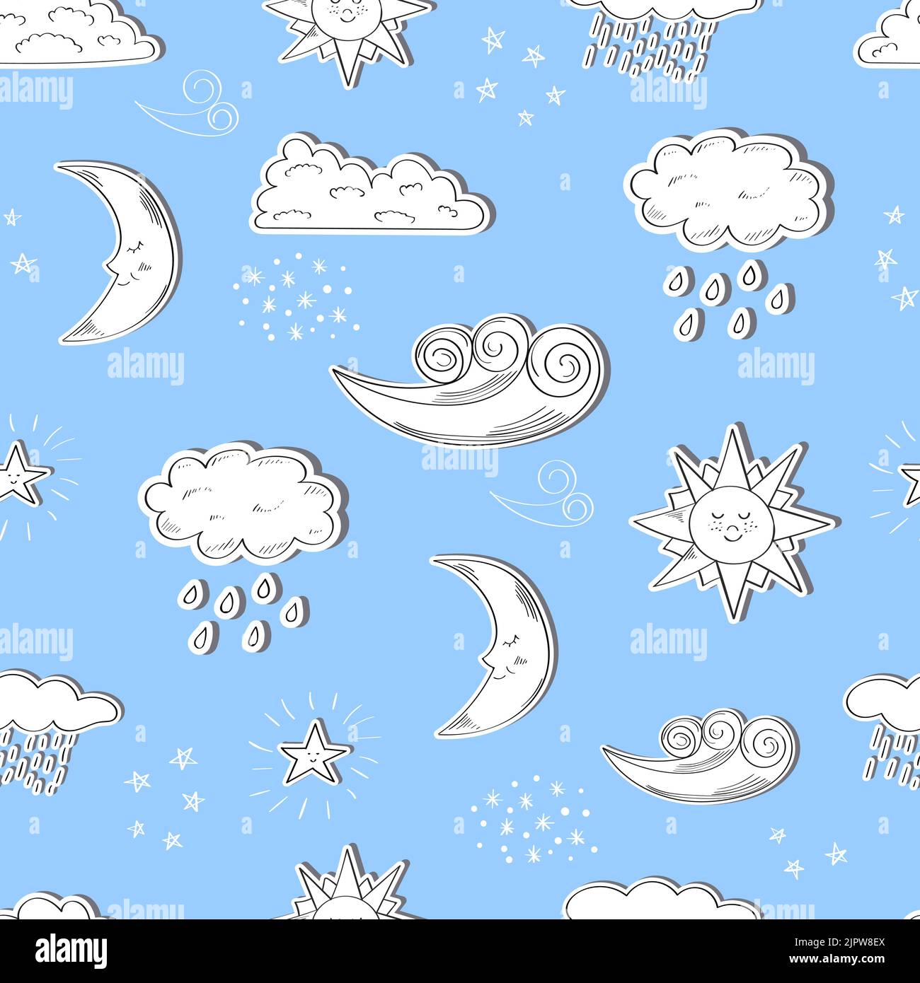 Modello senza cuciture Weather Concept. Cartone animato sole, luna, stella, nuvole. Tracciare lo sfondo vettoriale con le icone meteo Illustrazione Vettoriale